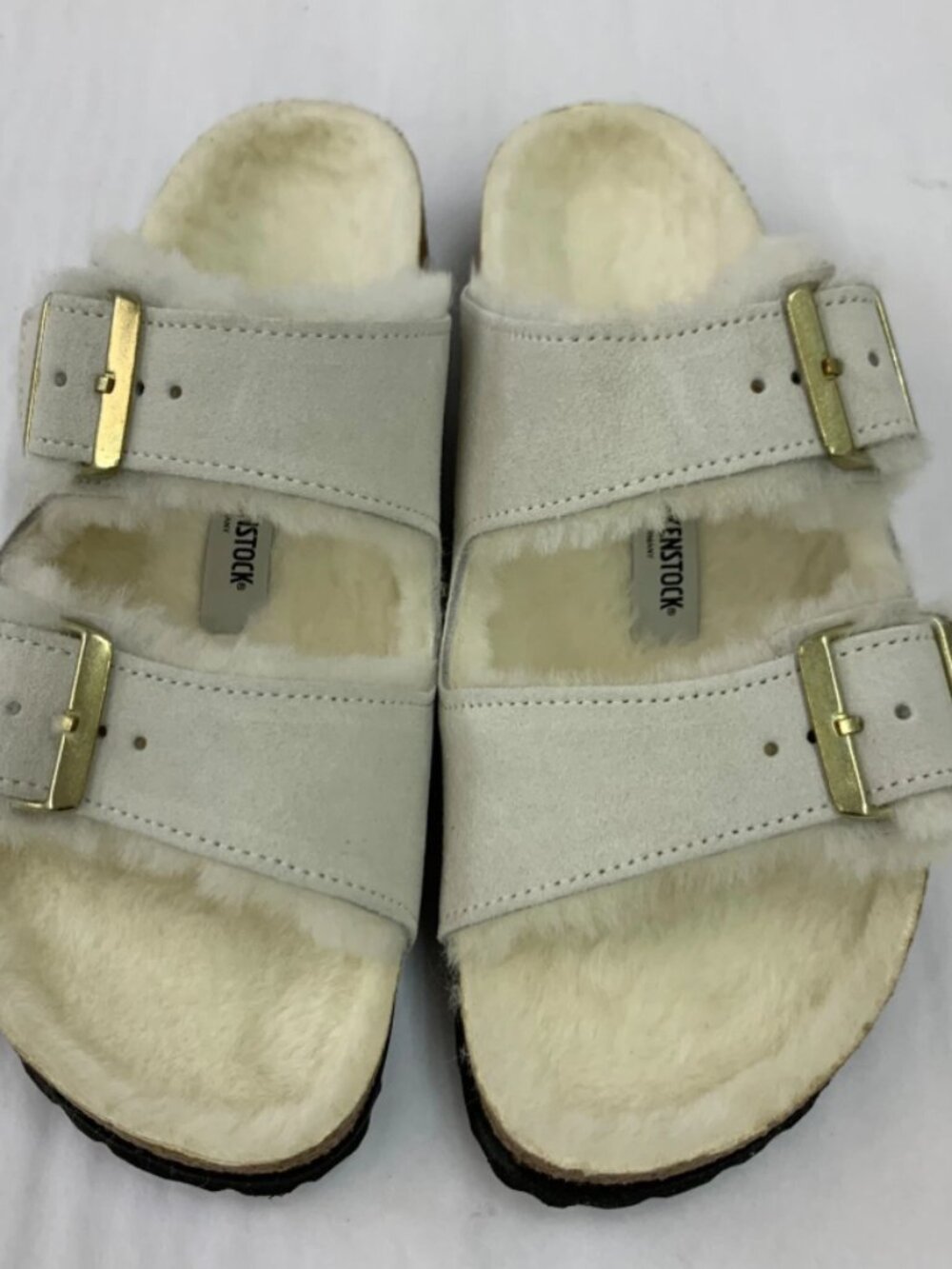 Birkenstock Arizona Shearling Antique White Suede Leather Narrow Width Sandals